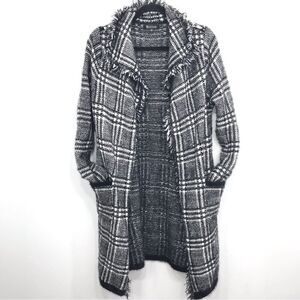 Two Sisters Black White Plaid Fringed Long Cardigan Sweater Coat